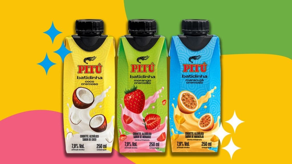 Latas da Pitú Batidinha nos sabores Morango, Maracujá e Coco