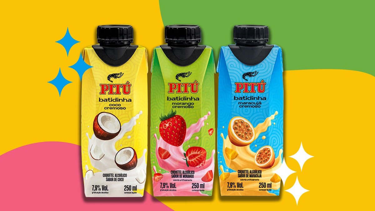 Latas da Pitú Batidinha nos sabores Morango, Maracujá e Coco
